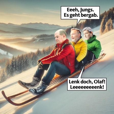 Satirische Bildmontage: Olaf Scholz, Christian Lindner und Robert Habeck sitzen auf einem Schlitten und rasen bergab