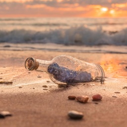 Eine Flaschenpost liegt am Strand