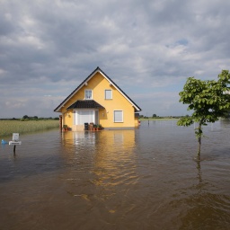 Ein Einfamilienhaus steht am 11.06.2013 im Hochwasser am Dorfrand von Schönhausen (Sachsen-Anhalt).