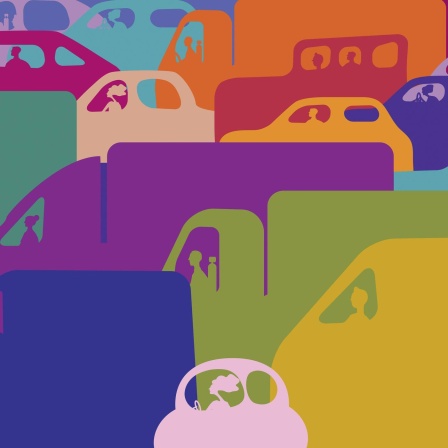 Illustration: Bunter Verkehrsstau mit Autos und LKWs.