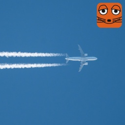 Flugzeug mit Kondensstreifen fliegt vor blauem Himmel