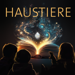 Drei Kinder und eine Ratte sitzen vor einem leuchtenden Buch – darüber das Wort „Haustiere“