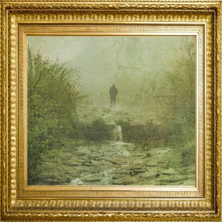 Gemälde: Ein Mann läuft durch eine nostalgische Landschaft.