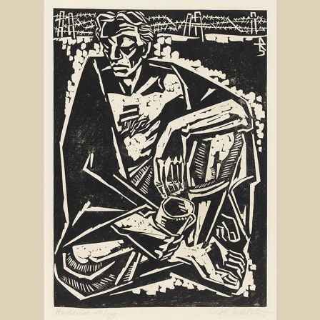 Carl Rabus, Selbst in Saint-Cyprien, um 1944/45, Linolschnitt, Sammlung Gerhard Schneider, Olpe und Solingen (Bild: Schloss Neuhardenberg)