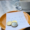 Münzen liegen in einem Straßen-Cafe als Trinkgeld auf einem Teller.