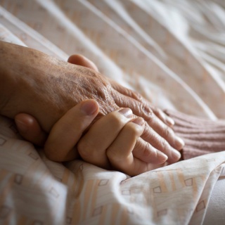 Symbolfoto: Eine Person hält am Bettrand die Hand einer älteren Person