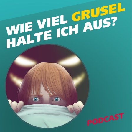 Covergrafik zur Podcast-Folge von "Meine Challenge": Wie viel Horror und Grusel halte ich aus? Die Illustration zeigt eine junge Frau, die sich hinter einem Laken versteckt. Nur ihr ängstlicher Blick ist noch zu sehen. Im Hintergund ist eine übergroße, leuchtende Halloween-Maske dargestellt. Daneben der Schriftzug: Wie viel Grusel halte ich aus?