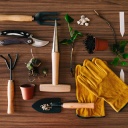 Ein Flatlay mit verschiedenen Gartenwerkzeugen liegt auf einem Holztisch.