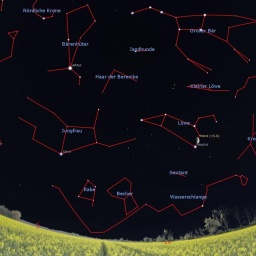 Der Anblick des südwestlichen Sternenhimmels morgen gegen Mitternacht, am 15. Mai um 23 Uhr (für diesen Tag gilt die Position des Mondes) und am Monatsletzten gegen 22 Uhr MESZ.