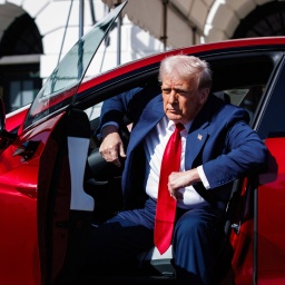 US-Präsident Donald Trump steigt aus einem roten Auto.