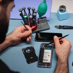 Ein Techniker arbeitet an einem Smartphone mit defektem Display (Bild: picture alliance/dpa/Christian Charisius)
