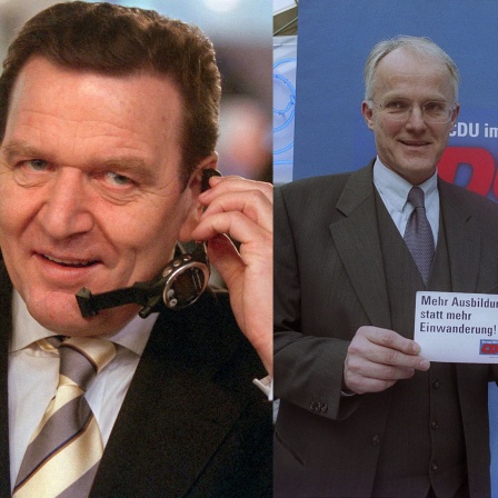 Bundeskanzler Gerhard Schröder (SPD) und Jürgen Rüttgers, CDU-Spitzenkandidat in NRW streiten im Jahr 2000 über die Greencard für IT-Fachleute.