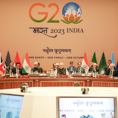 Indien, Neu Delhi: Narendra Modi, Premierminister von Indien, eröffnet beim G20-Gipfel die erste Arbeitssitzung.