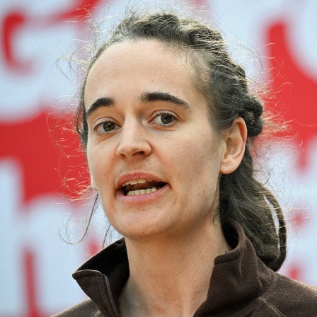 Carola Rackete bei einer Wahlkampfveranstaltung der Partei Die Linke.