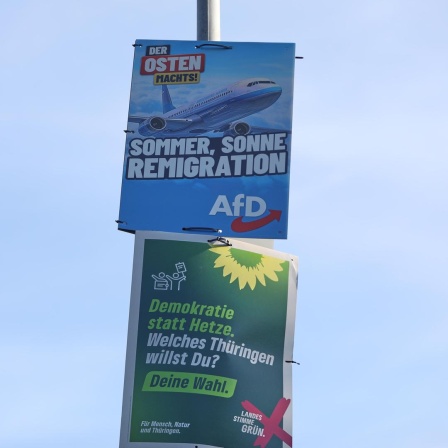 Wahlplakate zur Landtagswahl in Thüringen: Oben: AfD-Wahlplakat mit der Aufschrift "Der Osten machst - Sommer, Sonne, Remigration", darunter Plakat der Grünen mit dem Schriftzug "Demokratie statt Hetze - Welches Thüringen willst du?"