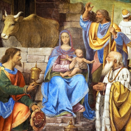 Anbetung der Könige. Fresko von Bernardino Luini in der Kirche Santuario della Beata Vergine dei Miracoli in Saronno