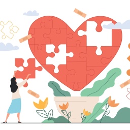 Eine Illustration einer Person, die Puzzleteile in ein rotes Herz einsetzt.