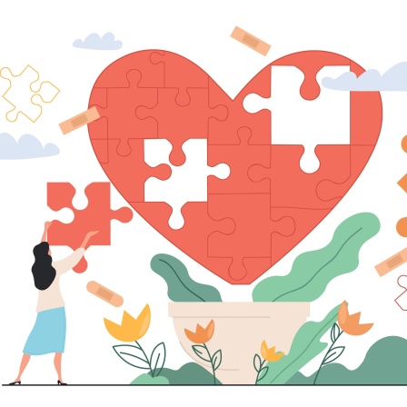 Eine Illustration einer Person, die Puzzleteile in ein rotes Herz einsetzt.