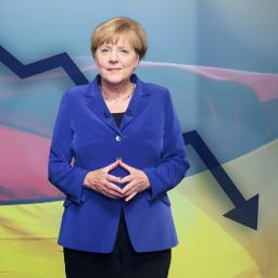 Angela Merkel vor einer Deutschlandflagge