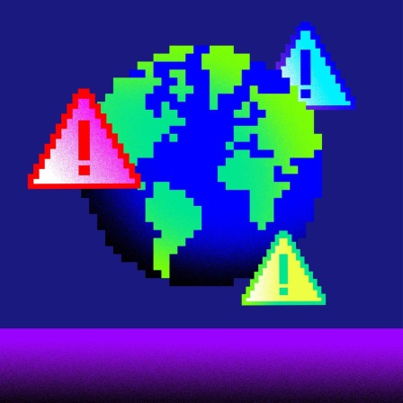 Grafik für Dark Avenger – Episode 1: eine Weltkugel mit zwei dreieckigen Warnschildern, auf denen Ausrufungszeichen zu sehen sind