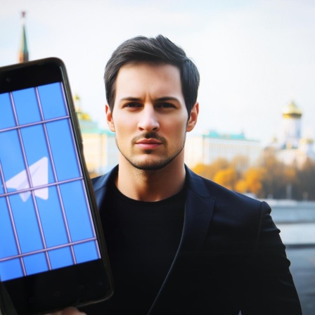 Ein Smartphone mit dem Telegram-Symbol steht neben dem Gesicht des Telegram-Gründers Pavel Durov.