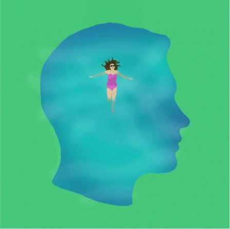 Die Silhouette eines Jungenkopfes, in dem eine Frau im Badeanzug schwimmt.