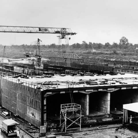 Blick auf die Baustelle des Hamburger Elbtunnels, 1969