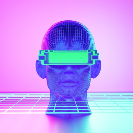 Grafik eines gleichzeitig menschlich und artifizell anmutenden Kopfes vor pink-lilafarbenem Hintergrund. Der Kopf steckt in einer Art Raster, vor der Augen etwas wie ein Balken oder eine VR-Brille.
