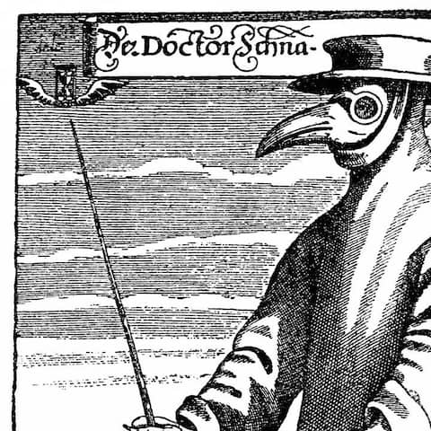 Pestarzt Doktor Schnabel von Rom, 1656: Arzt mit Schnabelmaske, Kräutern und Stock zum Fernhalten von Erkrankten (historische Zeichnung aus dem 19. Jahrhundert)