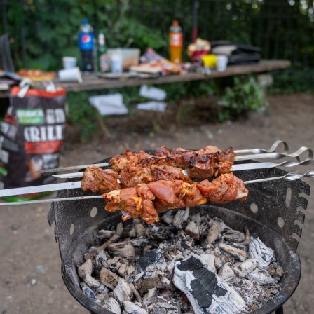 Ein Mann grillt im Volkspark Friedrichshain auf einem Grillplatz Fleischspieße.