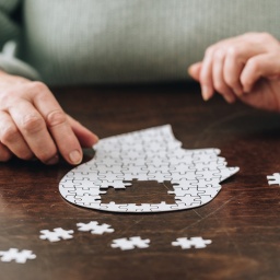 Hände einer Frau mit einem Puzzle eines Kopfes.
