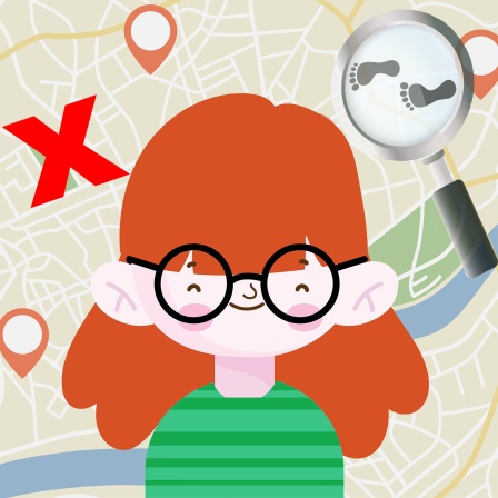 Zeichnung: Florentine Blix mit roten Haaren, grünem Oberteil und Brille vor einer Stadtkarte.