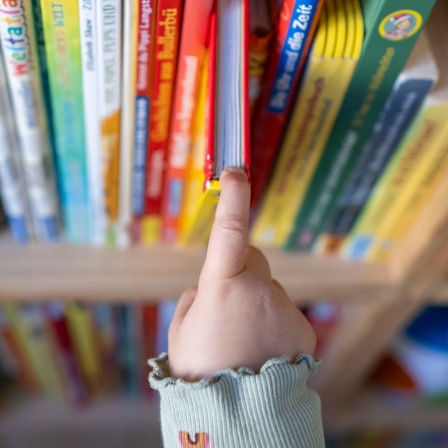 Eine Kinderhand zieht ein Buch aus einem Bücherregal.