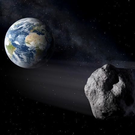  Ein Asteroid rast an der Erde vorbei (Illustration). 
