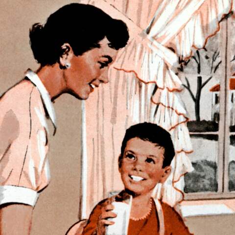 rottönen gehaltene historische Werbung für amerikanisches Frühstück zeigt eine traditionelle Familie, bestehend aus vater, Mutter und Kind.