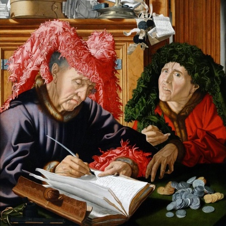 Auf dem Gemälde "Zwei Steuereintreiber" von Marinus van Reymerswaele sitzen zwei Männer mit großen Federhüten an einem Tisch. Einer zählt Geldmünzen, während der Andere etwas in ein großes Buch einträgt.