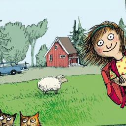 Gezeichntetes Buchcover von "Hedvig! Das erste Schuljahr": Hedvig steht auf einer Wiese vor einem roten Haus, neben ihr ein Schaf und zwei Katzen. 