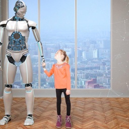 Roboter zur Kinderbetreuung - was sagen Eltern und Kinder dazu? Zu sehen: Ein Roboter hält die Hand eines Mädchens. 