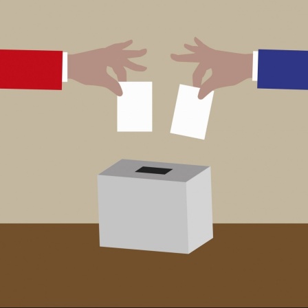 Eine Illustration zeigt einen roten und blauen Arm, die je einen Stimmzettel in eine Wahlurne stecken.