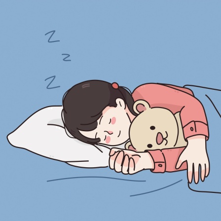 Ein Mädchen schläft auf dieser Illustration mit einem Teddybär im Bett.