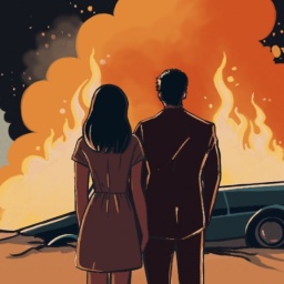 Eine Frau und ein Mann stehen vor einem Loch mit einem brennenden Auto.