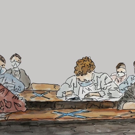 Zeichnung zu Folge 6: SchülerInnen sitzen mit Mundschutz in einer Klasse und schreiben eine Klassenarbeit.
