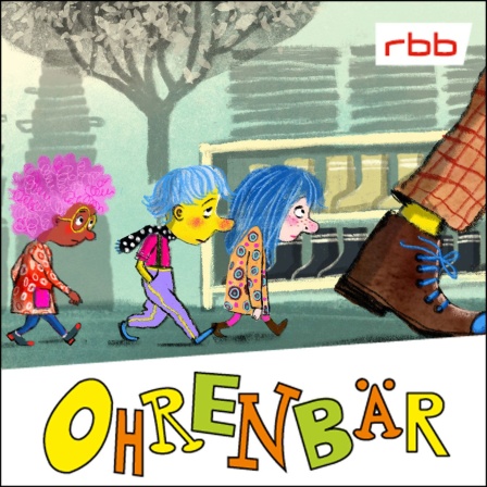 Bunte Zeichnung: kleine, bunte Figuren folgen einem riesengroßen Schuh (Quelle: rbb/OHRENBÄR/Maja Bohn)