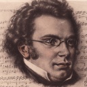 Schwarz-Weiß Zeichnung von Franz Schubert vor einem Notenblatt