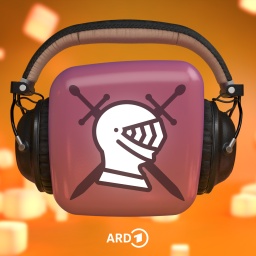 Ritterhelm mit Schwert auf lila Würfel, der Kopfhörer trägt. Hintergrund orange.