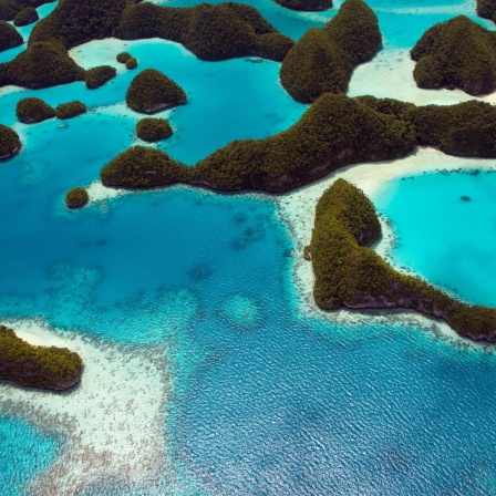 Luftaufnahme einer Inselgruppe in Palau: Grün bewaldete Hügel erheben sich aus dem Wasser, in Küstennähe sind Korallenriffe zu sehen.