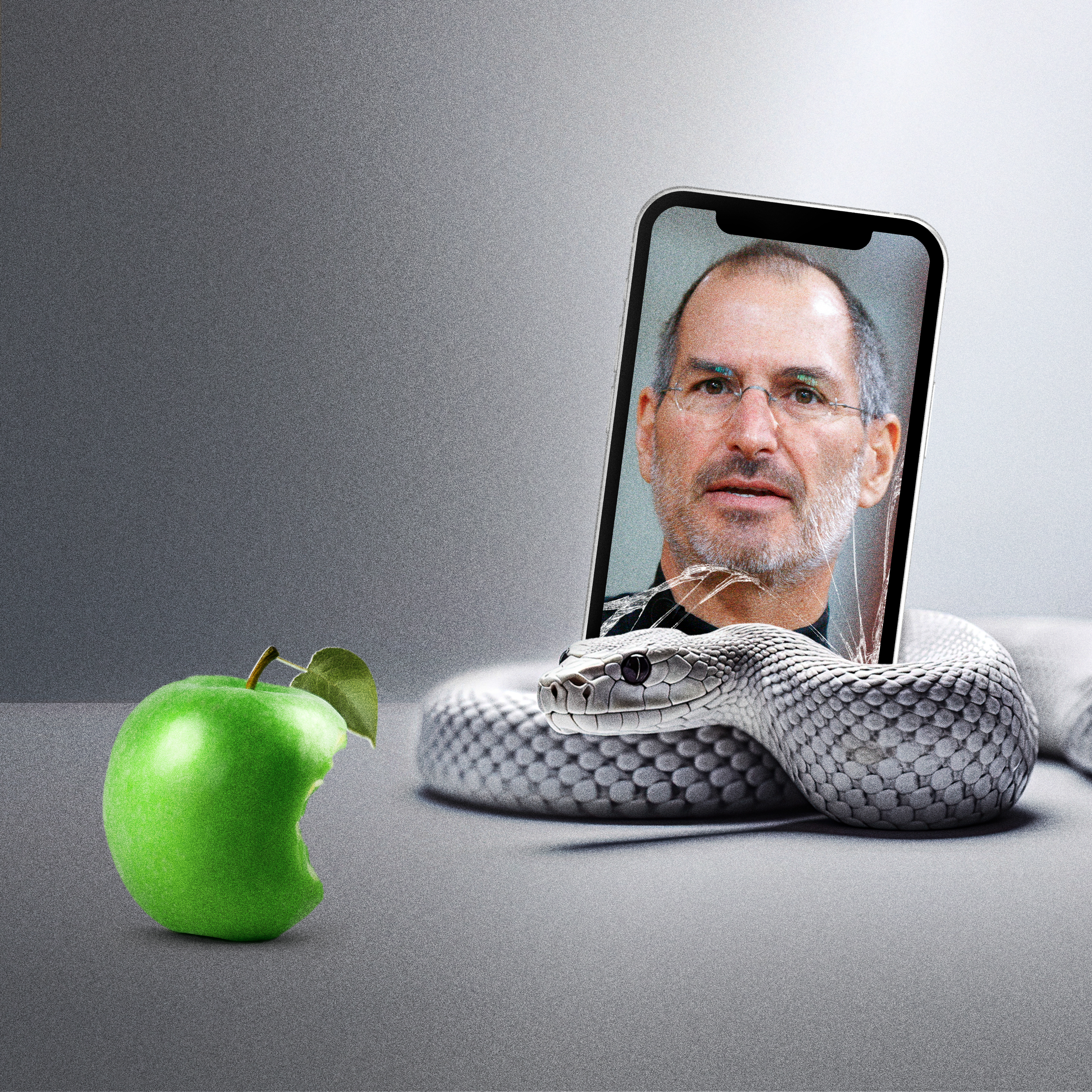 Ein Smartphone mit dem Gesicht von Steve Jos, ein grüner angebissener Apfel und eine Schlange, die sich um den unteren Teil des Handys wickelt.