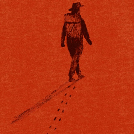 Zeichnung: Ein Mann läuft durch eine rote Wüste und hinterlässt Fußabdrücke.