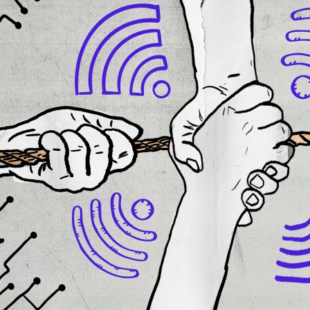 Grafik zeigt zwei Hände die miteinander um ein Seil ringen und zwei Hände die sich fest umschließen.