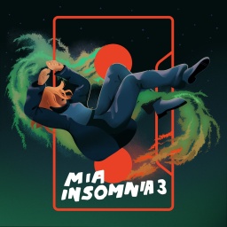 Die Grafik zeigt Podcasterin Mia Insomnia, wie sie durch die Luft wirbelt.